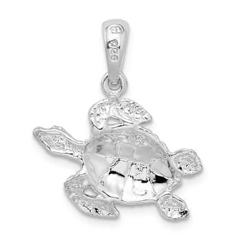 Rhodium Over Sterling Silver Polished Enameled Sea Turtle Pendant