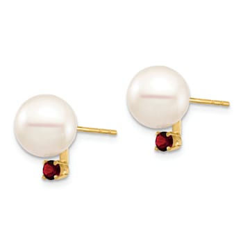 14K Yellow Gold 8-8.5mm White Round Freshwater Cultured Pearl Garnet
Post Earrings