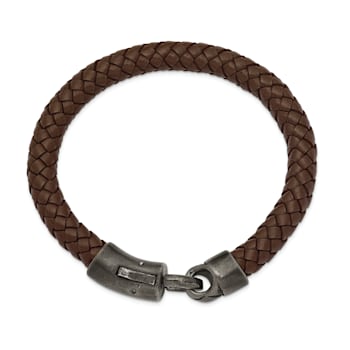 Brown Leather and Stainless Steel Antiqued Grey-plated 8.25-inch Bracelet
