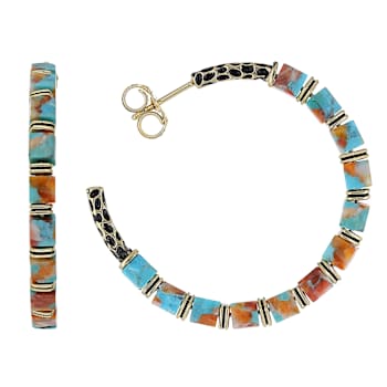 Turquoise And Spiny Oyster Shell Hoop Earrings In 18K Gold Over Brass