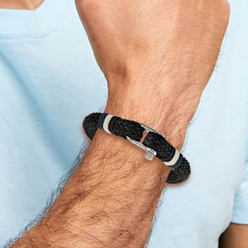 Woven Black Cotton and Stainless Steel Polished 8.5-inch Bracelet