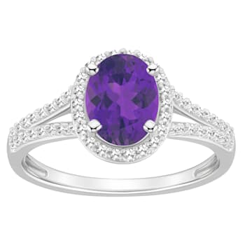 8x6mm Oval Amethyst 1/4 ctw Diamond Rhodium Over Sterling Silver Halo Ring