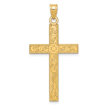 14k Yellow Gold Textured Etched Floral Cross Pendant