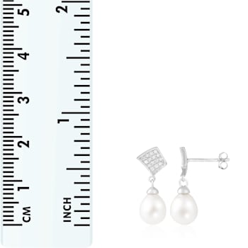 7½-8mm White Cultured Freshwater Pearl and Cubic Zirconia Rhodium Over
Sterling Silver Earrings