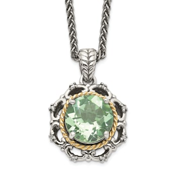 Sterling Silver with 14K Accent Antiqued Green Quartz and Diamond Necklace