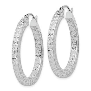 Rhodium Over Sterling Silver Diamond-cut 3x30mm Square Tube Hoop Earrings