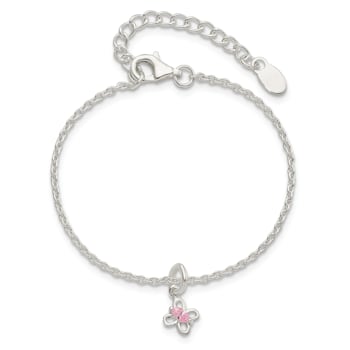 Sterling Silver Pink Cubic Zirconia Butterfly with 1.5-inch Extension Bracelet
