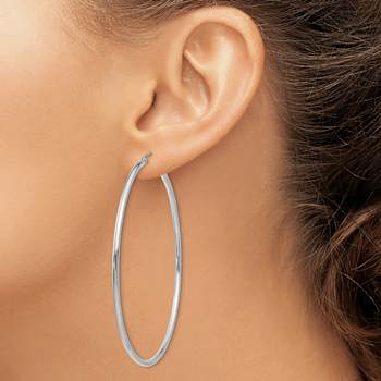 Rhodium Over 14k White Gold Polished 2 9/16" Tube Hoop Earrings