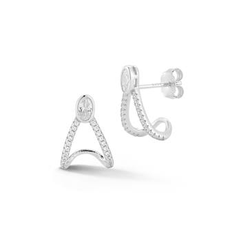 Rachel Zoe CZ Pave J-Hoop Stud Earrings in Rhodium Over Sterling Silver