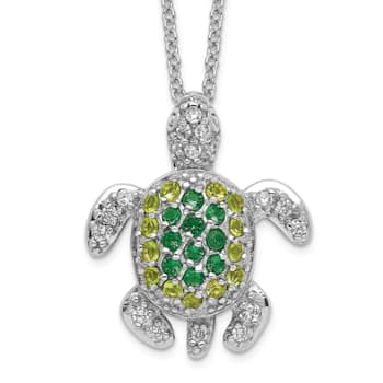 Rhodium Over Sterling Silver Green Glass and Cubic Zirconia Turtle Necklace