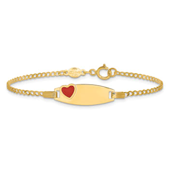 14k Yellow Gold Polished Kids ID with Red Enameled Heart Bracelet
