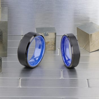 RIGEL Flat Beveled Edges Black Tungsten Ring with Brushed Center and
Vibrant Blue Ceramic Inside 6mm