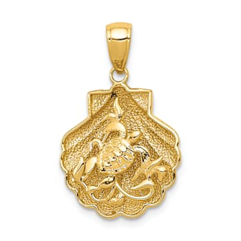 14K Yellow Gold Sea Turtle and Shell Pendant