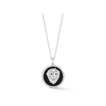 Rachel Zoe Black Agate CZ 3D Lion Head Medallion Necklace in Rhodium
Over Sterling Silver