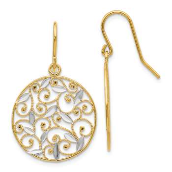 14k Two-tone Diamond-Cut Texture Filigree Circle Dangle Earrings