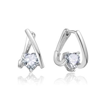 Heart Shape CZ Huggie Earrings In White Rhodium Over Brass