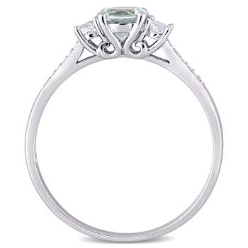 Aquamarine, Created White Sapphire and Diamond 10K White Gold Engagement
Ring 1.04ctw