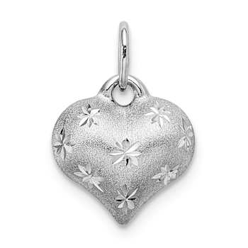 Rhodium Over 14k White Gold Satin Diamond-Cut 3D Puffed Heart Pendant