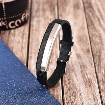 Mens Black Leather, Stainless Steel and Carbon Fiber Bracelet