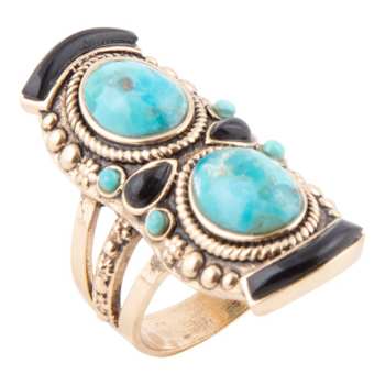Barse Jewelry Blue Composite Turquoise and Black Onyx Gold Tone Double
Up Ring