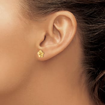 14k Yellow Gold Satin Diamond-Cut Plumeria Stud Earrings