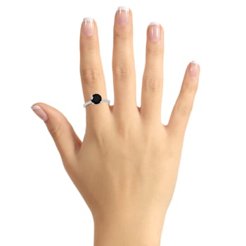 8mm Round Black Onyx and 1/10 ctw Diamond Rhodium Over Sterling Silver Ring