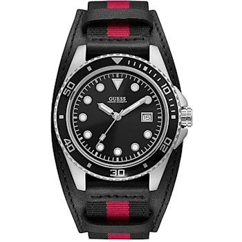 Guess Men's Classic Black Dial Black with Red Stripe Fabric Strap Watch