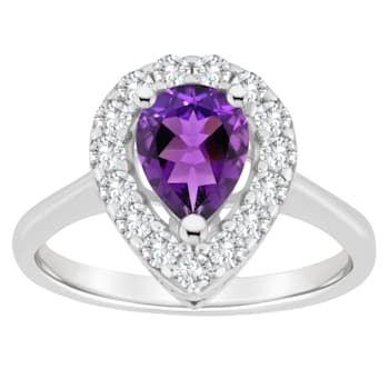 8x5mm Pear Shape Amethyst And White Topaz Accents Rhodium Over Sterling
Silver Halo Ring