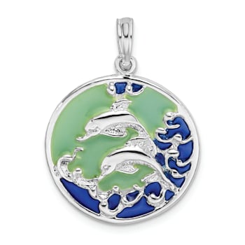 Rhodium Over Sterling Silver Polished Enameled Dolphins Pendant