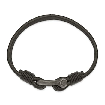 Black Leather and Stainless Steel Antiqued White Bronze Plated 8-inch
Shackle Bracelet