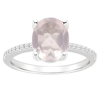 10x8mm Oval Rose Quartz and 1/10 ctw Diamond Rhodium Over Sterling
Silver Ring