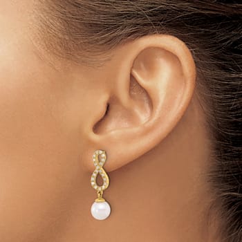 14K YG 7-8mm Round White Akoya Cultured Pearl and 0.40 cttw Diamond
Infinity Post Dangle Earrings