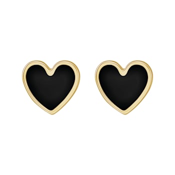 14K Yellow Gold Black Enamel Heart Stud Earrings