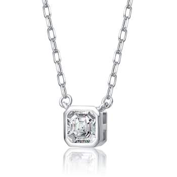 Square CZ Bezel Solitaire Pendant In Rhodium Over Brass 16 Inch