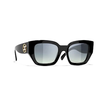 Chanel Black Square Frame with "CC" Logo / Gray Polarized Lens Sunglasses