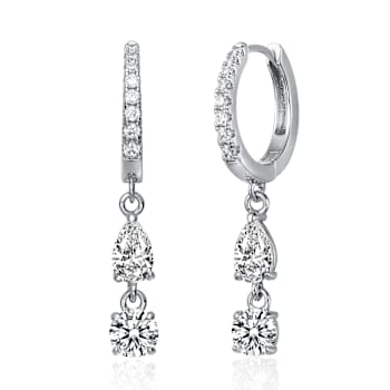 Two-Stone CZ Dangle Huggie Earrings In White Rhodium Over Brass
