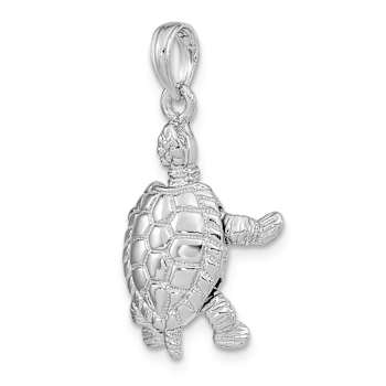 Rhodium Over 14k White Gold Solid 3D Polished and Textured Moveable
Turtle Pendant