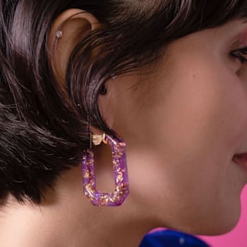 14K Yellow Gold Over Sterling Silver Acrylic Hoops in Purple with Glitter