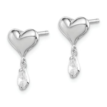 Sterling Silver Rhodium-plated CZ Heart Post Dangle Earrings