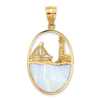 14k Yellow Gold Textured Lab Created Opal Lighthouse Sailboat in Oval Pendant