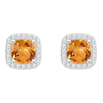 5mm Cushion Citrine 1/5 ctw Diamond Rhodium Over Sterling Silver Halo
Stud Earrings