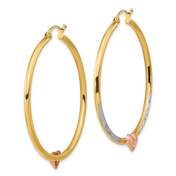 14k Tri-color Gold 1 3/4" Diamond-Cut and Brushed Heart Hoop Earrings