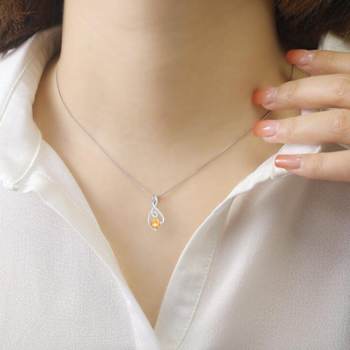 Round Citrine and White Sapphire Sterling Silver Pendant With Chain