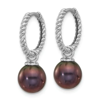 Rhodium Over 14K White Gold 7-8mm Black and White Freshwater Cultured
Pearl Dangle Hoop Earrings