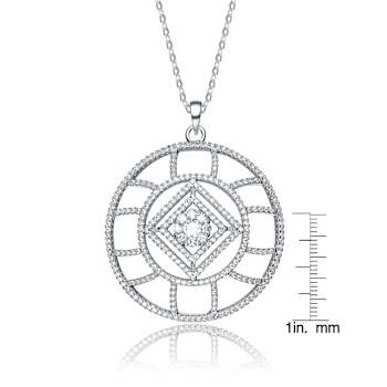 Geometric CZ Halo Pendant Necklace In White Rhodium Over Brass