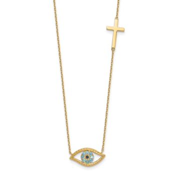14K Yellow Gold Polished Cubic Zirconia Evil Eye and Cross 18-inch with
2-inch Extension Necklace