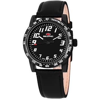 Seapro  Women's Bold Black Dial, Black Leather Strap Watch