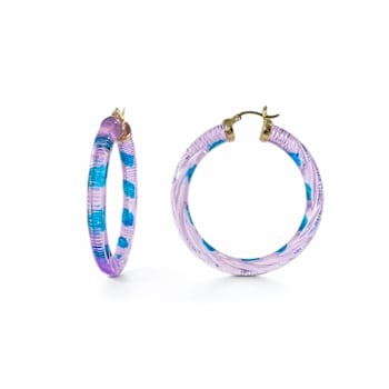 14K Yellow Gold Over Sterling Silver Painted Hoops in Purple and Blue Stripe