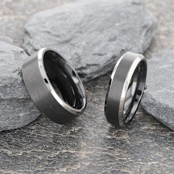 ATNOS Brushed Black Center Polished Beveled Edges Men’s Titanium Wedding
Ring 8mm