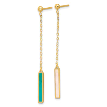 14K Yellow Gold Teal Color MOP Bar Dangle Post Earrings